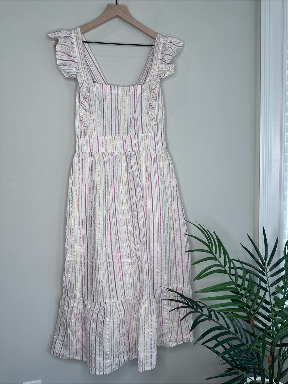 LOFT Metallic Striped Midi Dress with Ruffle Sleeves